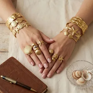 Set di Bracciale Rigido Aperto e Anello Regolabile in Acciaio Inossidabile Stile Oceano per Donna Set di Gioielli da Vacanza con Stella Marina e Conchiglia Dorata