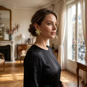 Primo piano dettagliato del raffinato orecchino floreale dorato in elegante ambiente.