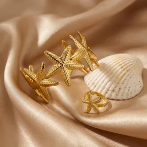 Set bracciale e anello aperto a stella marina stile oceano dorato da donna, gioielli vintage.