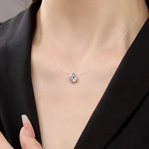 925 Sterling Silver Moissanite Pendant Necklace Women Invisible Wire Zirconia Artificial Pearl Clavicle Chain Jewelry