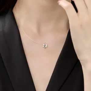 Invisible fishing line moissanite necklace for women, elegant solitaire clavicle chain jewelry.