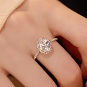 Bague Halo Ovale en Argent Sterling 925 Élégante Strass Bague de Fiançailles Mariage Pour Femme Bijoux