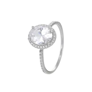 Bague ovale en argent S925 avec oxyde de zirconium et halo étincelant, bague de fiançailles.