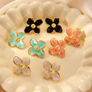 Orecchini a lobo con fiori a quattro petali in smalto vintage francese, gioielli chic.
