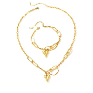 18k chapado en oro grueso corazón colgante collar y pulsera conjunto para mujeres moda