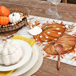 Autumn Thanksgiving pumpkin leaves pattern printed table runner detail scene decor display.