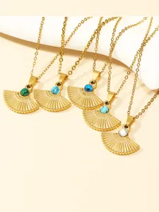 Collier pendentif éventail en acier inoxydable doré bijoux pierre naturelle femme