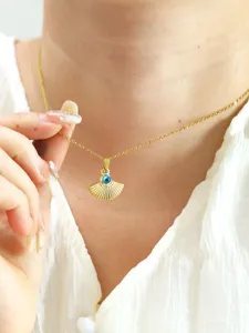 Collier pendentif éventail en acier inoxydable doré avec pierre œil maléfique bleu