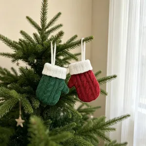 Weihnachten Strick Mini Handschuh Bestecktasche Set, rot grün festliche Tischdeko.