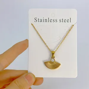 Collier pendentif éventail en acier inoxydable avec pierre naturelle, bijoux femme chic