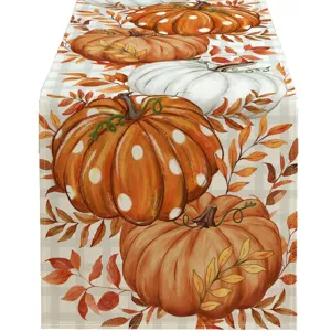 Fall Pumpkin Table Runner Thanksgiving Autumn Leaves Dining Table Decor Fabric Runner