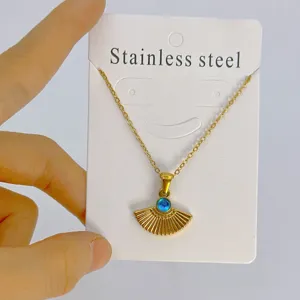 Collier pendentif éventail en acier inoxydable avec pierre bleue pour femme élégante
