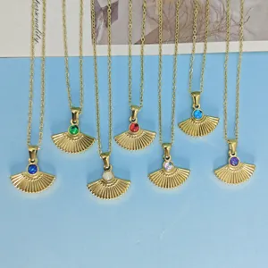Collier Pendentif en Forme de Éventail en Acier Inoxydable pour Femme Plaqué Or Chaîne Géométrique Strass Bijoux Quotidiens