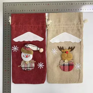 Bolsas de yute para botella de vino de navidad con muñeco de nieve y reno decoración