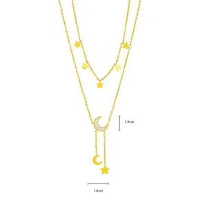 Doppelter Stern Mond Quaste Halskette Detail, exquisite goldene Modeschmuck für Frauen.