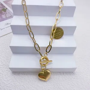 Collana Pendente Cuore Catena Spessa In Acciaio Inossidabile Per Donna Uomo Personalità Choker Fibbia OT Targhetta Rotonda Incisa Collane Hip Hop Gioielli Street Fashion