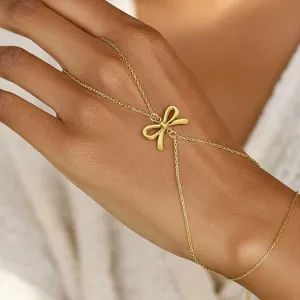 Edelstahl Schleife Handschmuck Kette Süß Gold Silber Vergoldet Fingerring Verbundenes Armband Für Damen Täglichen Schmuck Geschenk