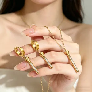Luxe Roestvrij Staal Strass Scepter Nagel Hanger Halsketting Oorbellen Set Verguld Mode Sieradenset Voor Vrouwen Feest Cadeau