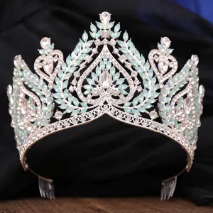 Stunning bridal tiara with sparkling rhinestones and mint opal stones for weddings and proms.