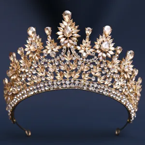 Barock Gold Kristall Tiara Hochzeit Strass Krone Haar Zubehör Luxus Braut Kopfschmuck Detail