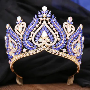 Baroque blue crystal bridal tiara, luxury wedding crown hair accessory for women pageants
