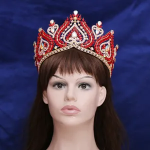 Luxurious red crystal baroque tiara crown for bridal wedding and stage performance hair accessories.