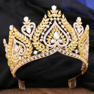 Baroque gold crystal bridal tiara, luxury wedding crown hair accessory for women.