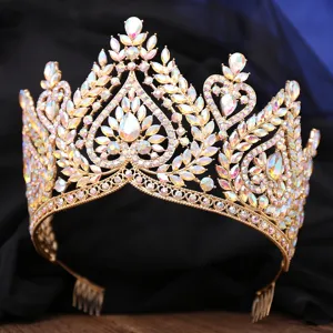 Closeup detail of luxury baroque crystal bridal crown, sparkling AB rhinestones tiara.