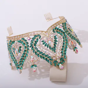 Baroque crystal bridal tiara gold crown with emerald green rhinestones for wedding party hair accessories