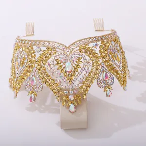 Exquisite baroque crystal gold tiara detail, sparkling rhinestones for wedding performance.