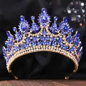 Edle barocke blaue Strass Tiara Luxus Kristall Hochzeit Krone Braut Haarschmuck Detail