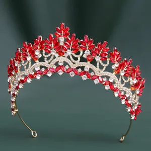 Stunning red crystal bridal tiara for women, elegant gold-plated crown for wedding party hair.