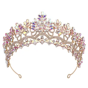 Close-up detail of luxury gold crystal bridal crown tiara sparkling iridescent rhinestones