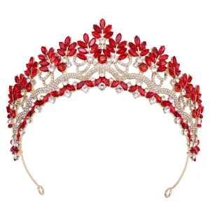 Stunning red crystal bridal tiara gold crown exquisite wedding hair accessories for women