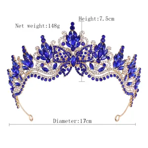 Blue crystal tiara detail showing height 7.5cm and diameter 17cm for bridal hair styling.