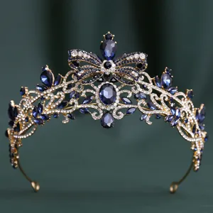Baroque blue rhinestone bridal tiara crown, elegant wedding hair accessories jewelry detail.