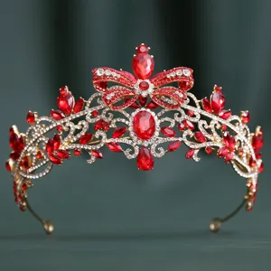 Baroque red rhinestone bridal tiara bow crown for wedding party and evening dress.