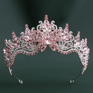 Stunning silver alloy crystal tiara with sparkling pink rhinestones and butterfly design for bridal wedding.