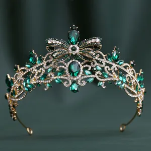Baroque green rhinestone bridal tiara butterfly crown for wedding party hair accessories