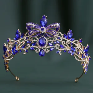 Baroque blue rhinestone bridal tiara crown butterfly crystal wedding party hair accessories