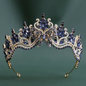 Exquisite blue crystal butterfly baroque bridal tiara and crown for wedding hair accessories.