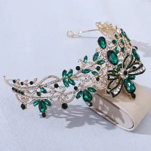 Baroque emerald rhinestone bridal tiara, luxury green crystal butterfly crown for wedding.