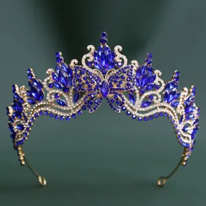 Wholesale bridal baroque crystal tiara crown, blue rhinestone butterfly headpiece for women.