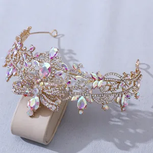Baroque gold rhinestone bridal tiara detail, sparkling AB crystals and bow design.