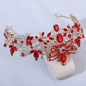 Baroque Red Rhinestone Bridal Tiara Crown Butterfly Hair Accessory Wedding Detail View