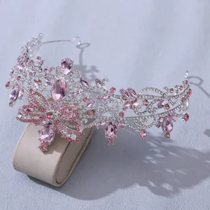 Silver rhinestone bridal tiara pink crystal wedding crown hair accessories for women