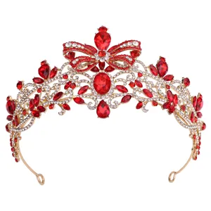 Baroque Red Rhinestone Bridal Tiara Crown Elegant Bow Design Wedding Hair Accessories