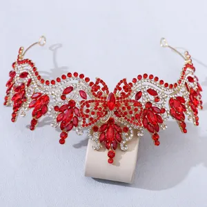 Exquisite red rhinestone butterfly tiara baroque crystal crown bridal hair accessory detail