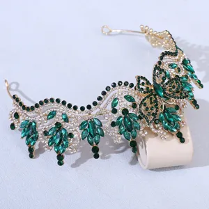 Elegant green rhinestone butterfly tiara, gold bridal crown hair accessory for weddings.