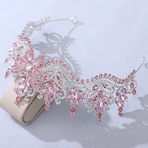 Detail shot of a stunning pink crystal butterfly tiara baroque rhinestone bridal crown hair accessory